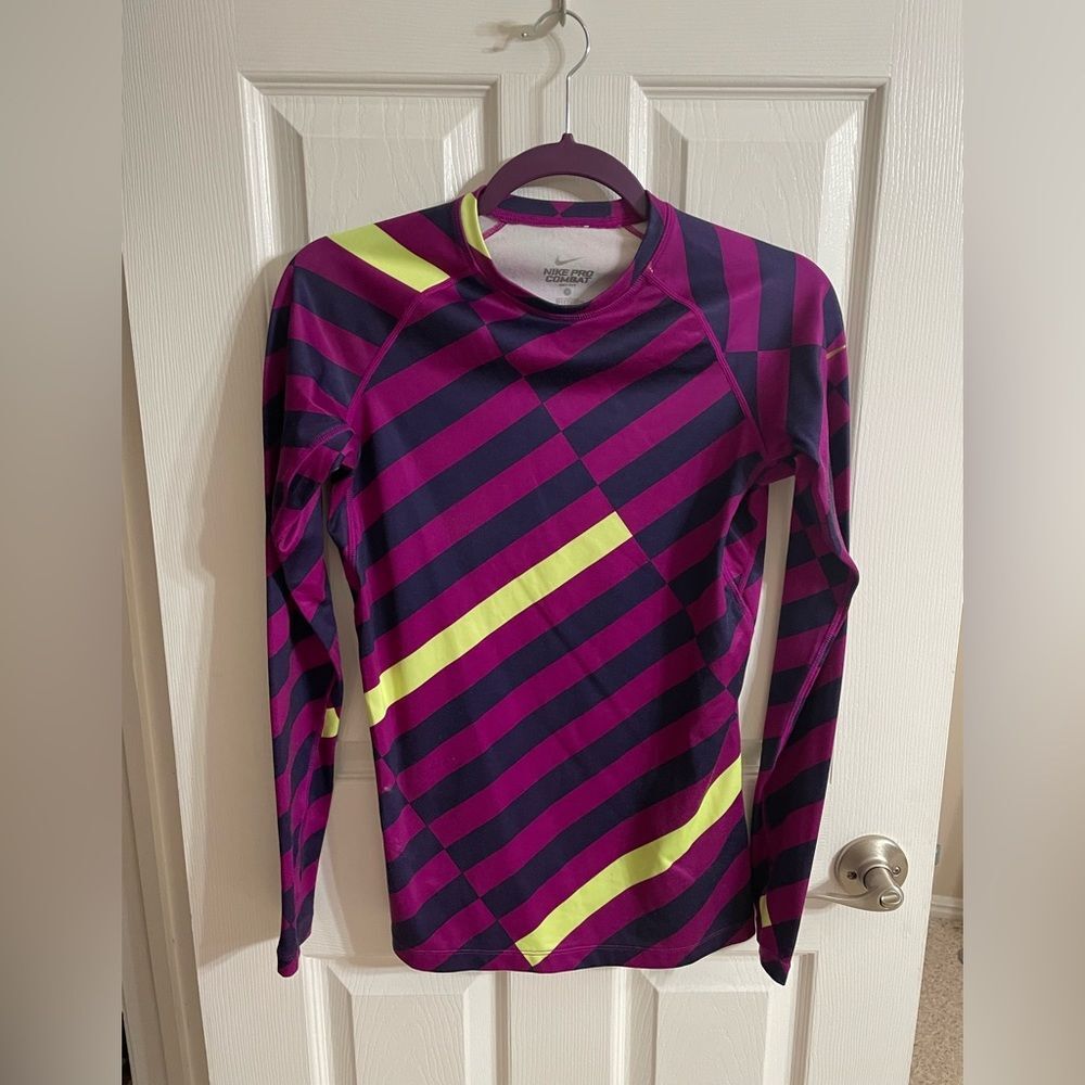 Nike Pro Combat fitted long sleeve shirt Small Purple Neon yellow ski base layer